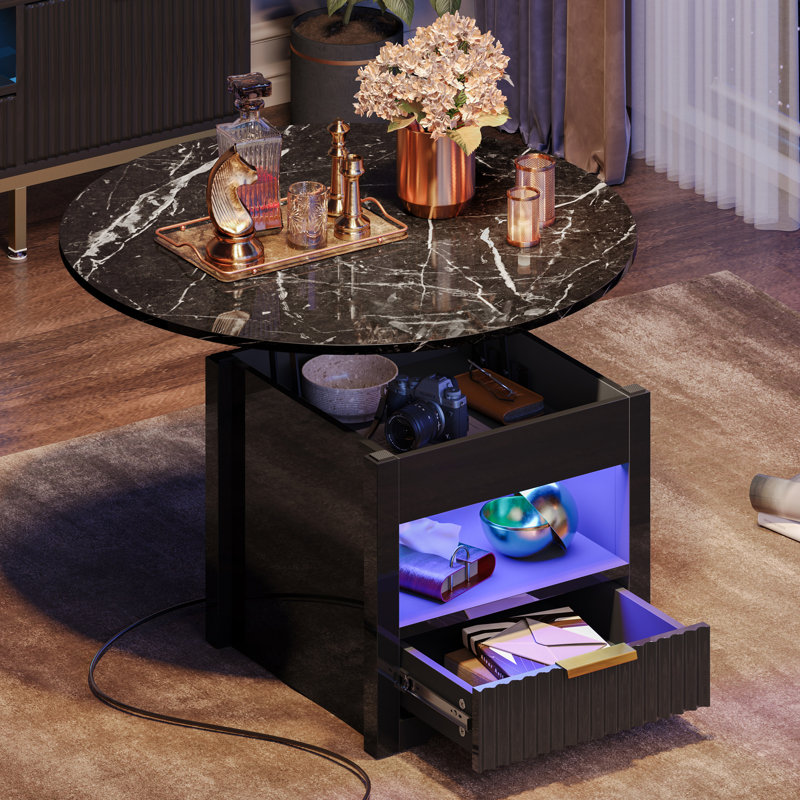 Maivish Lift Top Round Coffee Table with Storage and Power Outlet Modern Fluted Coffee Table with Drawer for Living Room Glossy Faux Marble Wrought